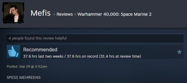 Screenshot of the article titled Warhammer 40,000: Space Marine 2, As Reported by Steam Reviews